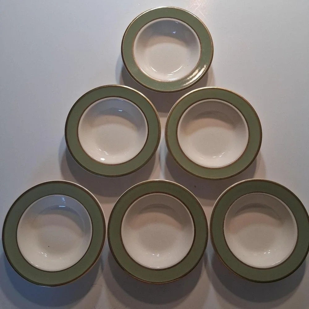 Vintage set of 6 bowls avocado green with gold detail